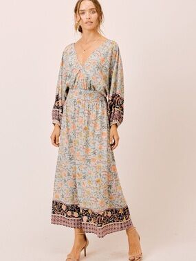 lovestitch Blue Floral Maxi Dress with Black Border Sleeves